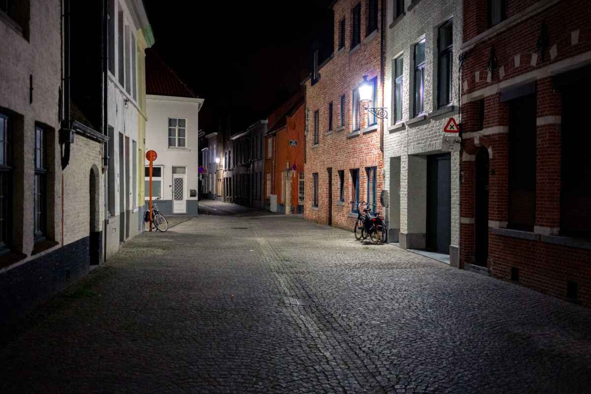 Bruges Night Street with Bicycles