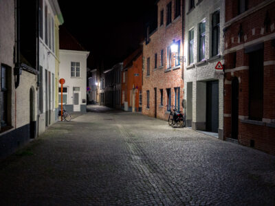 Bruges Night Street with Bicycles