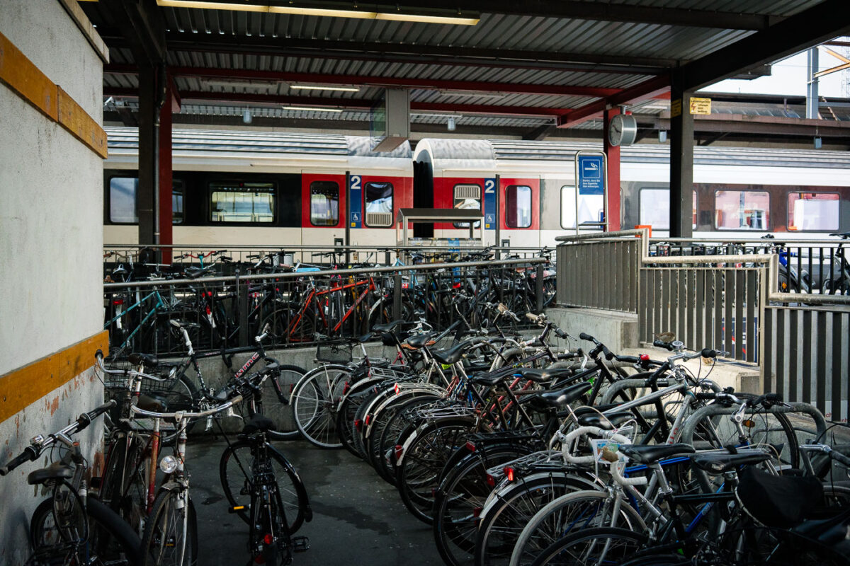 Bikes parked at a train station in Zurich, Switzerland