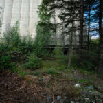 Dense vegetation surrounds the concrete base of a decommissioned cooling tower in Charleroi, Belgium. The structure’s massive form rises from a patch of overgrowth and debris, where nature has begun reclaiming the once-industrial site. The cooling tower, part of an abandoned power plant complex, remains a reminder of the region’s post-industrial landscape and transition away from coal-era energy infrastructure.