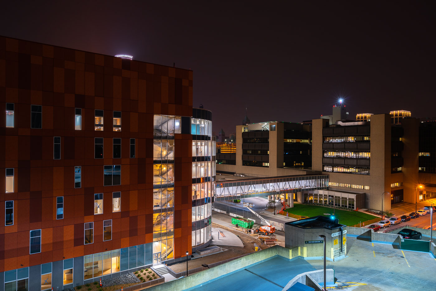 Hennepin Healthcare in Minneapolis at night