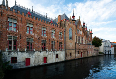 Old architecture on the river in Bruges, Belgium.