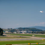 A plane taking off from Zurich airport.