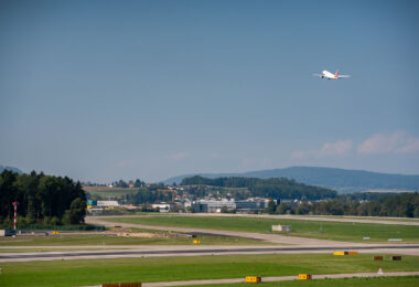 A plane taking off from Zurich airport.