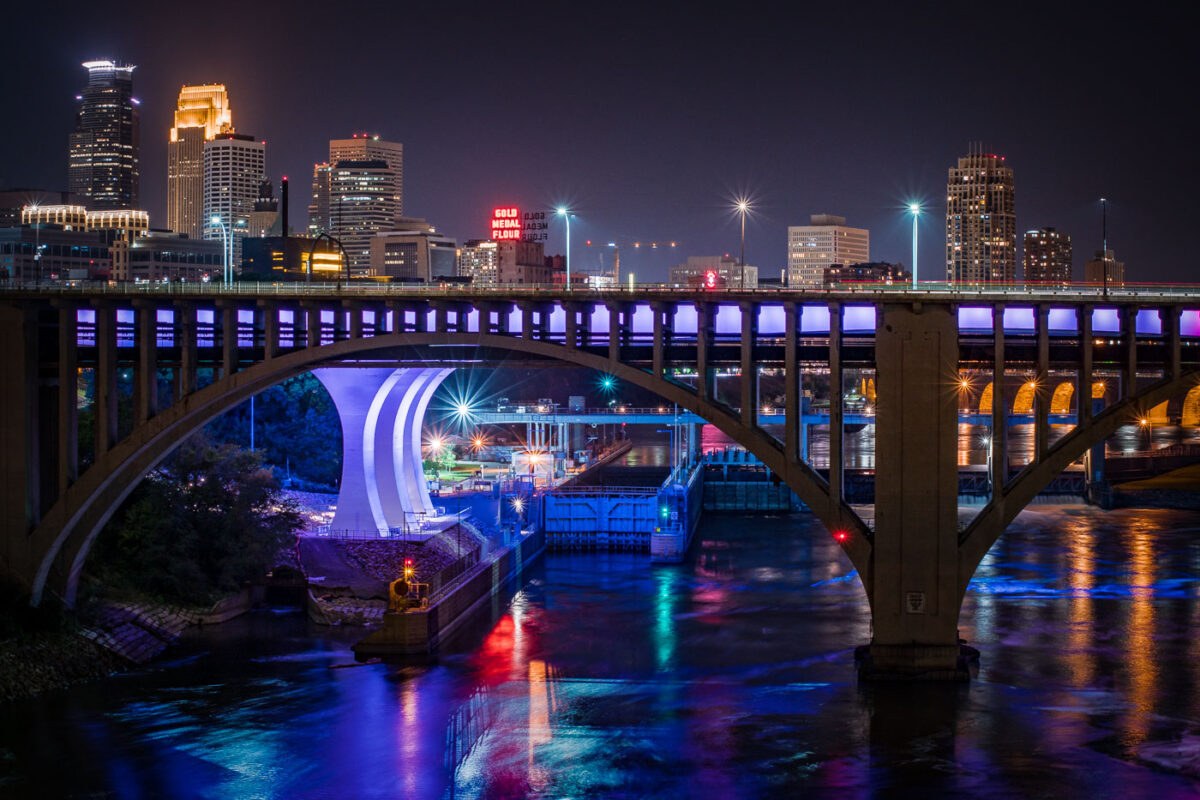 Downtown Minneapolis Skyline with I35W bridge crossing the Mississippi River.