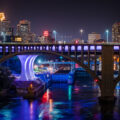 Downtown Minneapolis Skyline with I35W bridge crossing the Mississippi River.