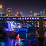 Downtown Minneapolis Skyline with I35W bridge crossing the Mississippi River.