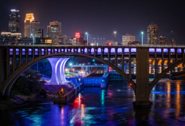Downtown Minneapolis Skyline with I35W bridge crossing the Mississippi River.