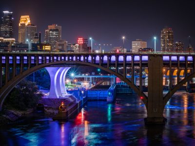 Minneapolis I-35W Bridge and Downtown Skyline at Night
