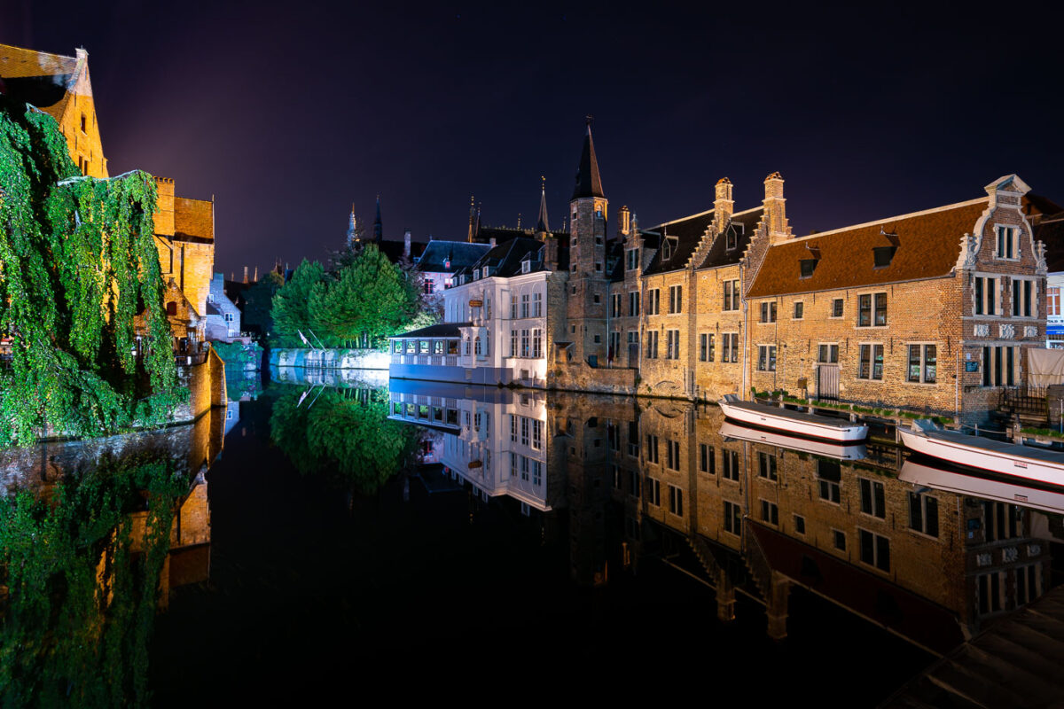 Reflections on the river in Bruges Belgium.