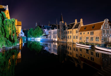 Reflections on the river in Bruges Belgium.