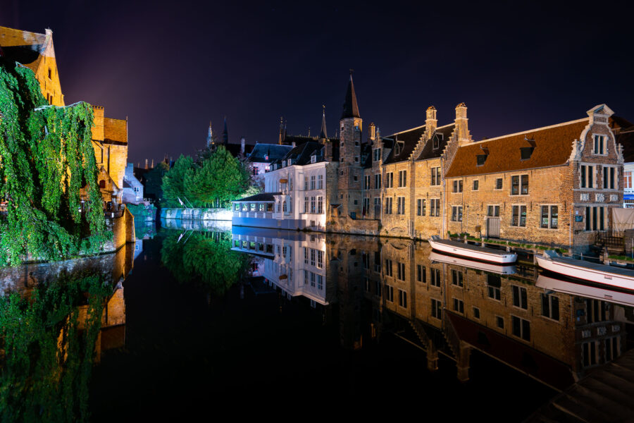 Bruges Canal Guild Houses at Night