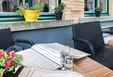 A table outside a restaurant in Bruges, Belgium.