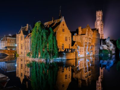 Bruges Belfry and River Reie Reflections at Night