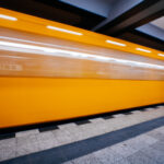 A train passes through the Wedding station in Berlin Germany.
