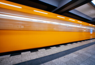 A train passes through the Wedding station in Berlin Germany.