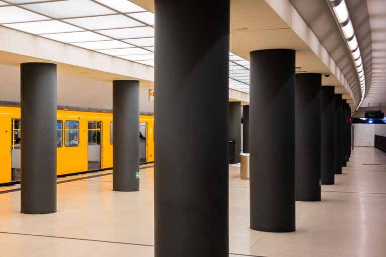 Yellow Train Arrives At Berlin's Brandenburger Tor Station 3 The Brandenburger Tor station in Berlin, Germany.
