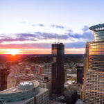 Beautiful sunset behind the IDS Center, Capella Tower and Foshay in Downtown Minneapolis.