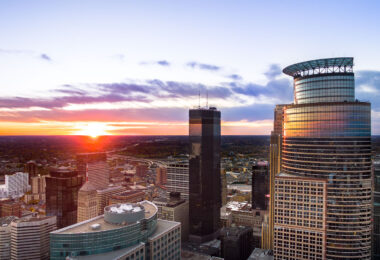 Beautiful sunset behind the IDS Center, Capella Tower and Foshay in Downtown Minneapolis.