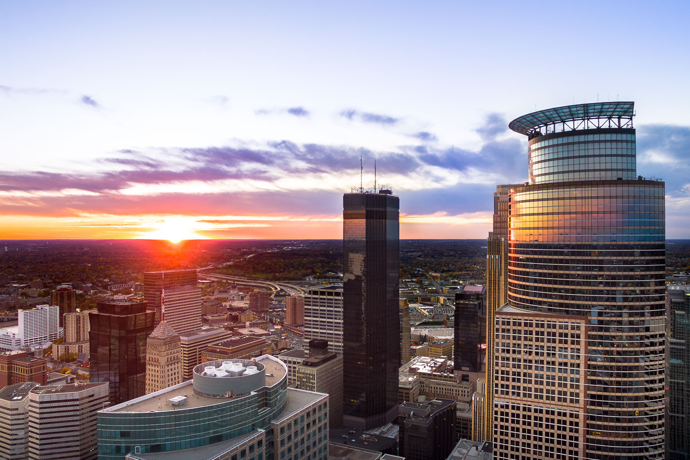 Beautiful sunset with IDS Foshay and Capella Tower
