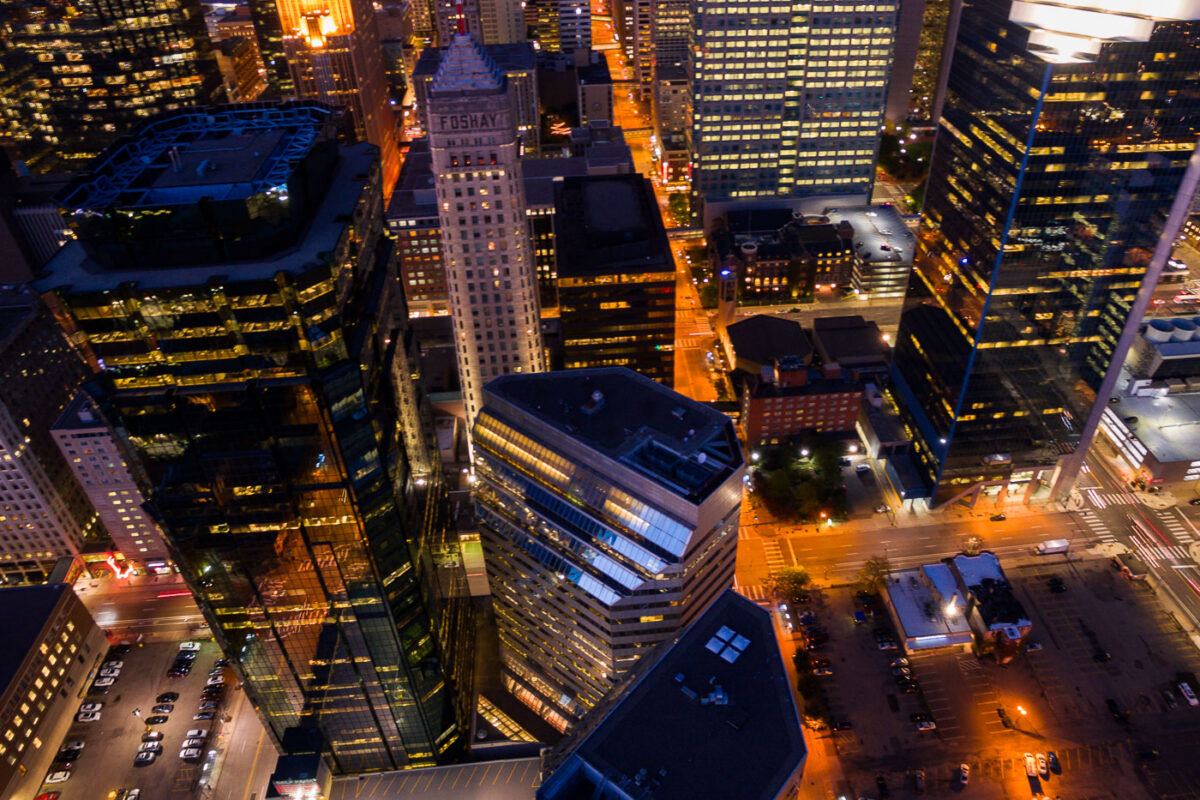 Aerial photo of downtown Minneapolis. Showing the Foshay Tower and AT&T Tower.