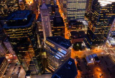 Aerial photo of downtown Minneapolis. Showing the Foshay Tower and AT&T Tower.