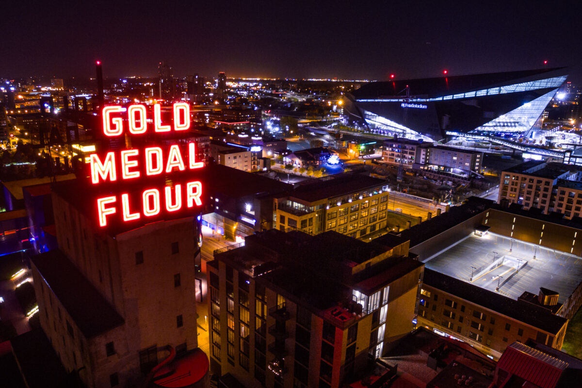 Lit up neon sign reading Gold Medal Flour, Minneapolis