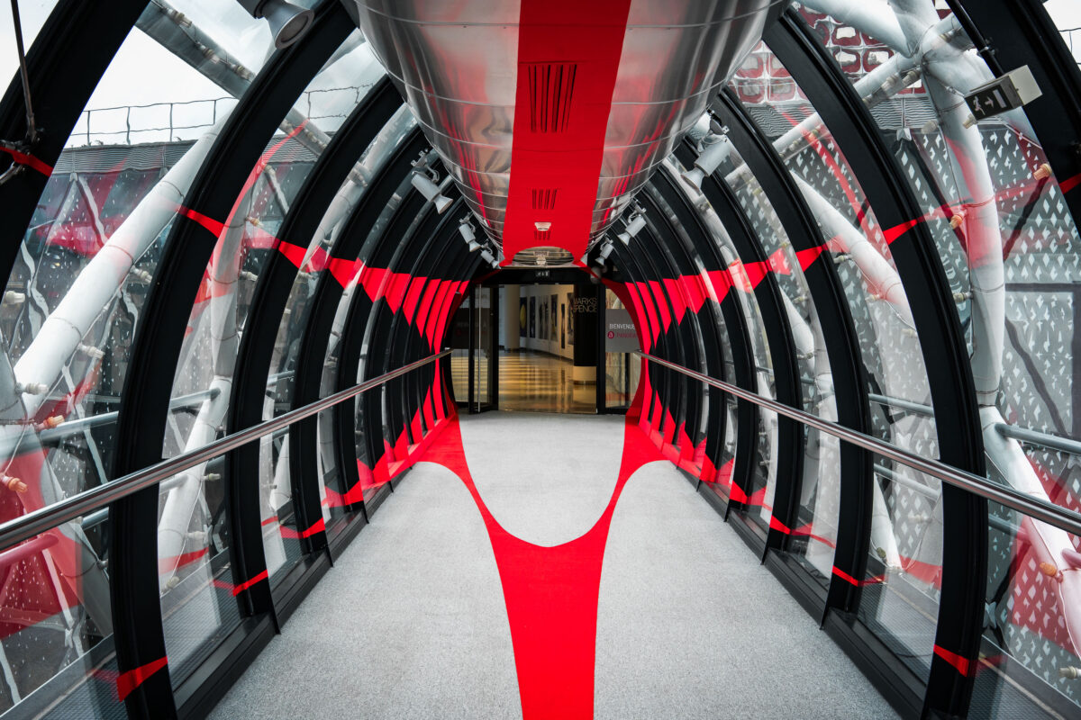 Paris Shopping Mall Skyway with Red Accents