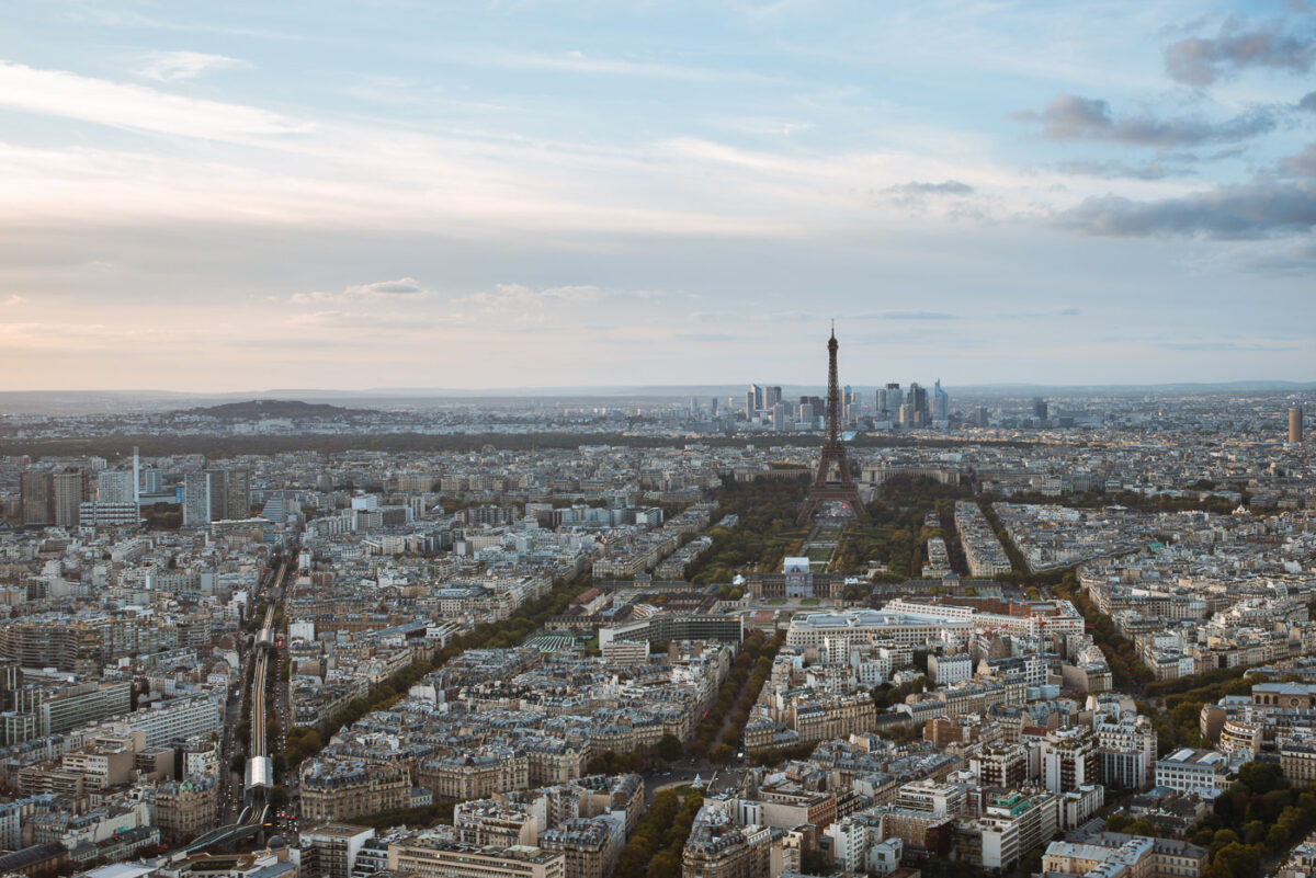 The Eiffel Tower as seen from a rooftop.