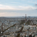 The Eiffel Tower as seen from a rooftop.