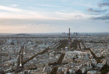 The Eiffel Tower as seen from a rooftop.