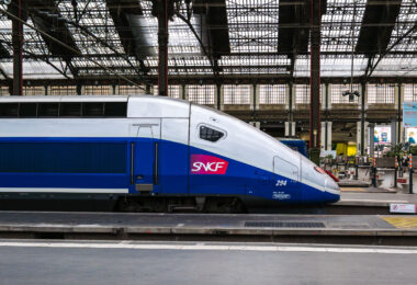 A SNCF train in Paris at Gare de Lyon Train Station.