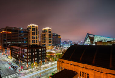 Downtown East Minneapolis. Wells Fargo Towers, The Armory, and US Bank Stadium.