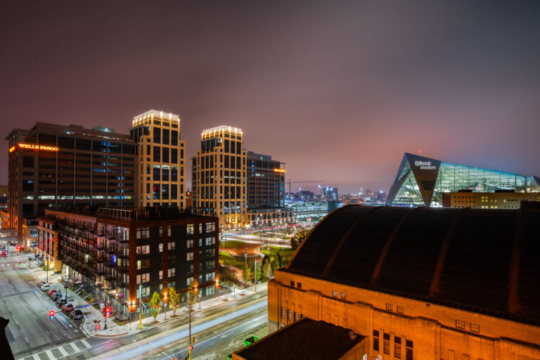 Wells Fargo, The Armory and US Bank Stadium 4 Downtown East Minneapolis. Wells Fargo Towers, The Armory, and US Bank Stadium.