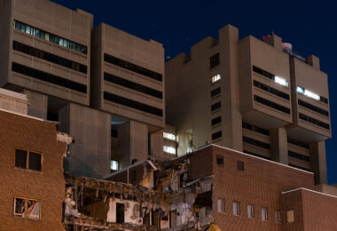 Demolition of a building on the campus of the University of Minnesota, Minneapolis.