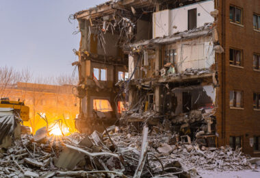 Demolition of a building on the campus of the University of Minnesota, Minneapolis.