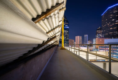 Skyline of Dallas Texas as seen from the top of a cooling unit.