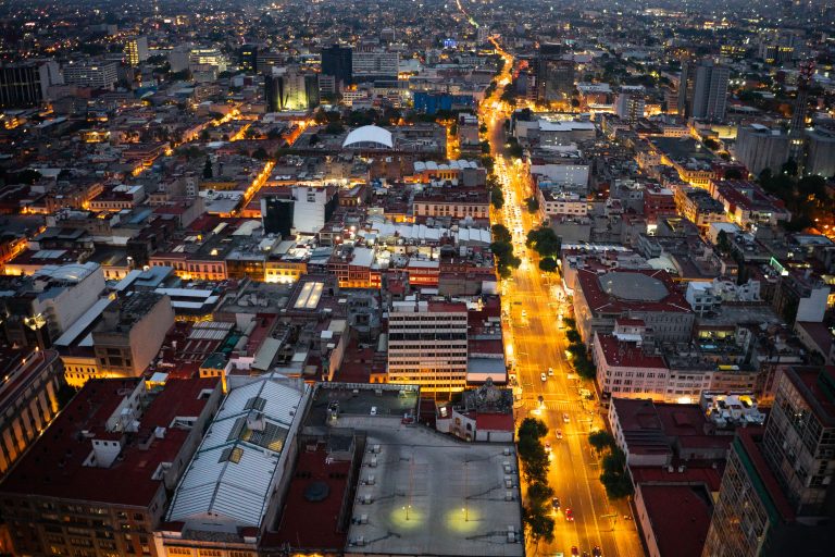 Eje Central Lázaro Cárdenas at Dusk, Centro Histórico, Mexico City 1 Aerial night view of Eje Central Lázaro Cárdenas running through Mexico City's Centro Histórico district.