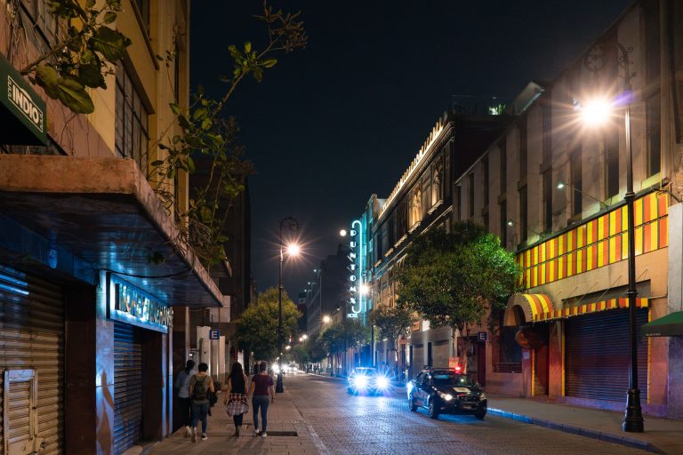Hotel Bucareli Sign on Calle Bucareli, Mexico City 1 Neon Hotel Bucareli sign glows above a nighttime street in Mexico City's Colonia Juárez.