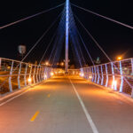 Martin Olav Sabo Bridge in Minneapolis. The lit up bridge crosses Haiwatha Avenue in South Minneapolis.