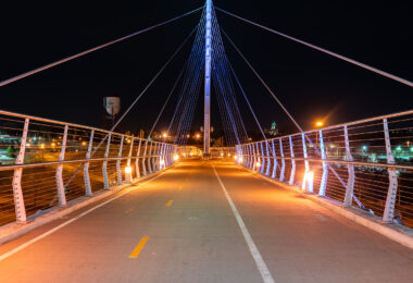 Martin Olav Sabo Bridge in Minneapolis. The lit up bridge crosses Haiwatha Avenue in South Minneapolis.