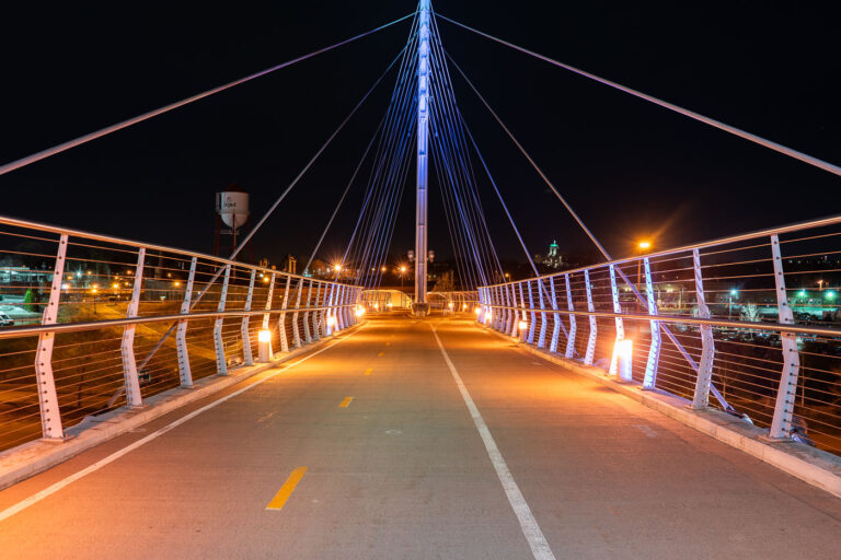Martin Olav Sabo Bridge at night in 2018 3 Martin Olav Sabo Bridge in Minneapolis. The lit up bridge crosses Haiwatha Avenue in South Minneapolis.