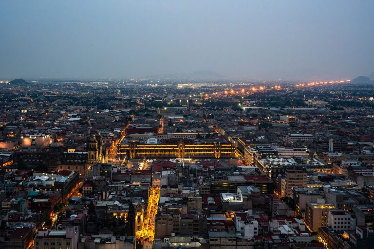 Zócalo and Historic Center Skyline, Mexico City 2 Aerial night view of the Zócalo and Mexico City's historic center skyline with surrounding cityscape.