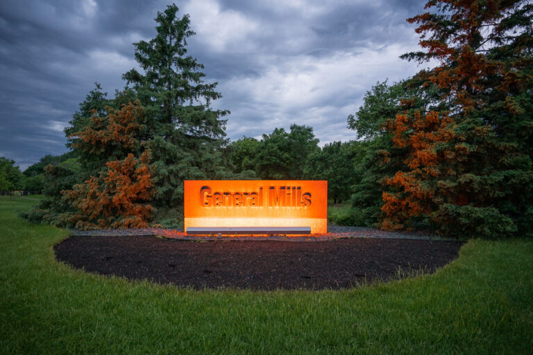 General Mills Headquarters Sign, Golden Valley, Minnesota 4 The illuminated General Mills headquarters sign at dusk in Golden Valley, Minnesota, marks the entrance to the multinational food manufacturer's administrative center.