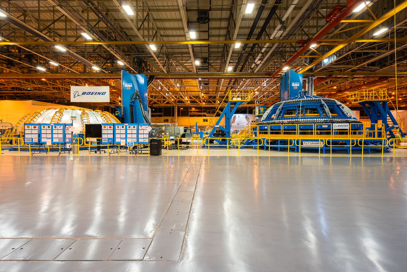 The Boeing Gore Weld Tool at Michoud Assembly Facility in New Orleans is used for friction-stir welding of aluminum dome sections for aerospace vehicles like NASA's SLS rocket.