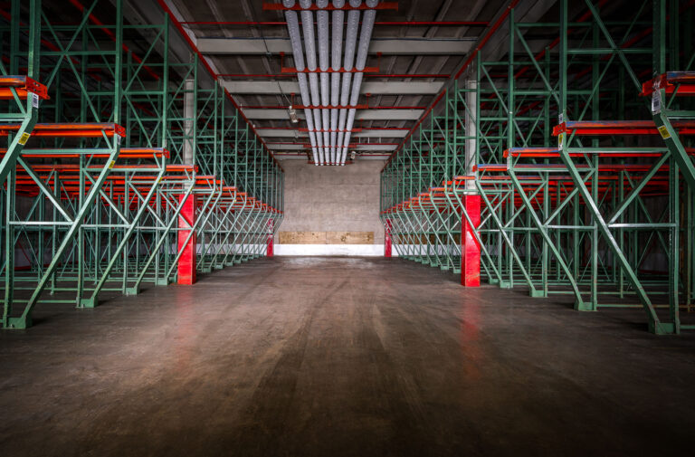 Hopkins Cold Storage warehouse interior, Hopkins, Minnesota 1 Hopkins Cold Storage warehouse interior with tall storage racks in Hopkins, Minnesota.