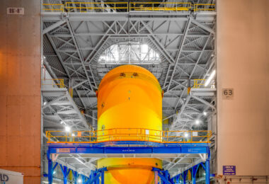 A Liquid Oxygen tank being worked on inside Cell A at NASA’s Michoud Assembly Facility. It’s part of the Space Launch System Core Stage. The tank will hold 195,000 gallons of liquid oxygen cooled to -297 degrees Fahrenheit.