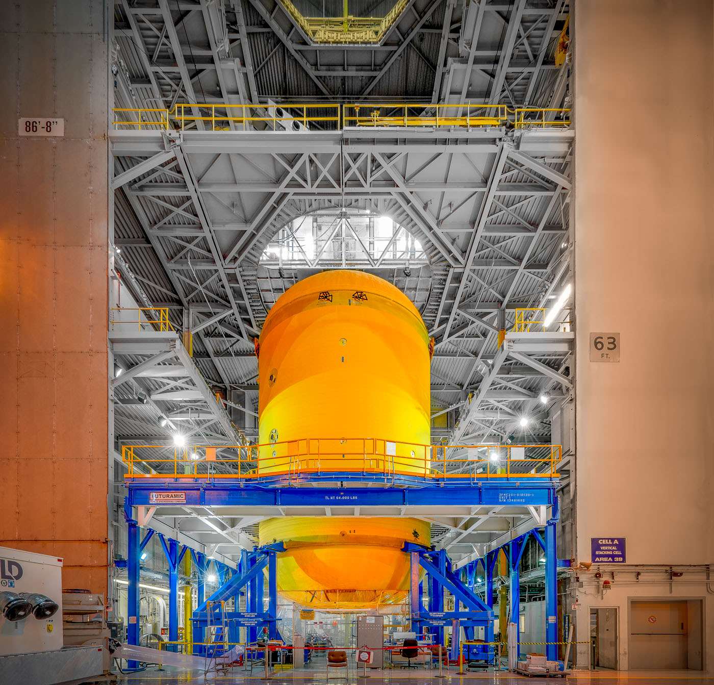 A Liquid Oxygen tank being worked on inside Cell A at NASA’s Michoud Assembly Facility. It’s part of the Space Launch System Core Stage. The tank will hold 195,000 gallons of liquid oxygen cooled to -297 degrees Fahrenheit.