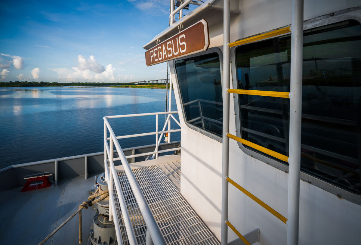 NASA Barge Pegasus on the Intracoastal Waterway 1 The NASA barge Pegasus moored along the Intracoastal Waterway near New Orleans, Louisiana. Originally built in 1999 to carry Space Shuttle external tanks from Michoud to Kennedy Space Center, the vessel was later extended and modernized to transport the massive core stages of NASA’s Space Launch System (SLS). Operated by the U.S. Maritime Administration and NASA’s logistics teams, Pegasus remains a vital link between Gulf Coast manufacturing and Florida launch operations for Artemis missions.