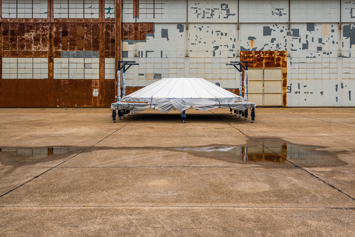 Space parts sitting outside NASA Michoud Assembly Facility.